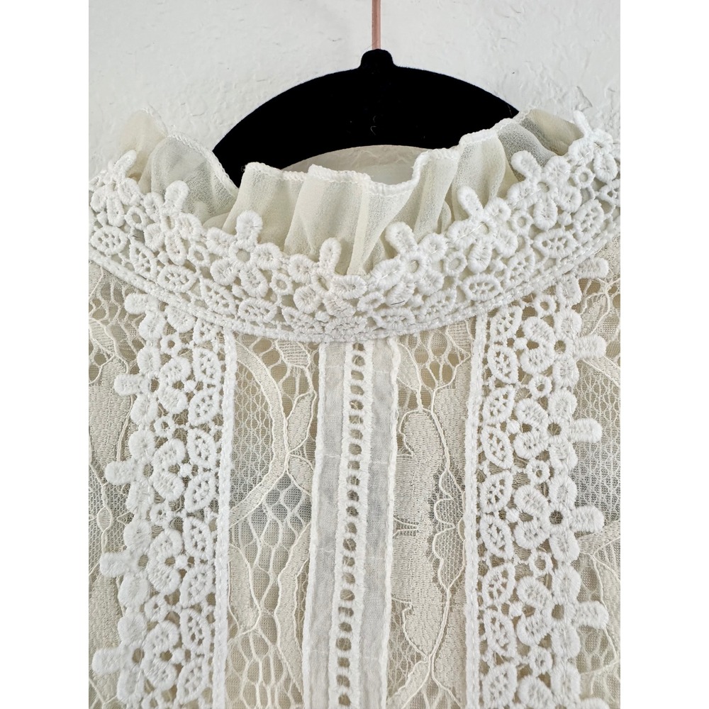 Vintage Lace Blouse Womens M Cream Victorian High Neck Crochet Long Sleeve - Picture 2 of 6